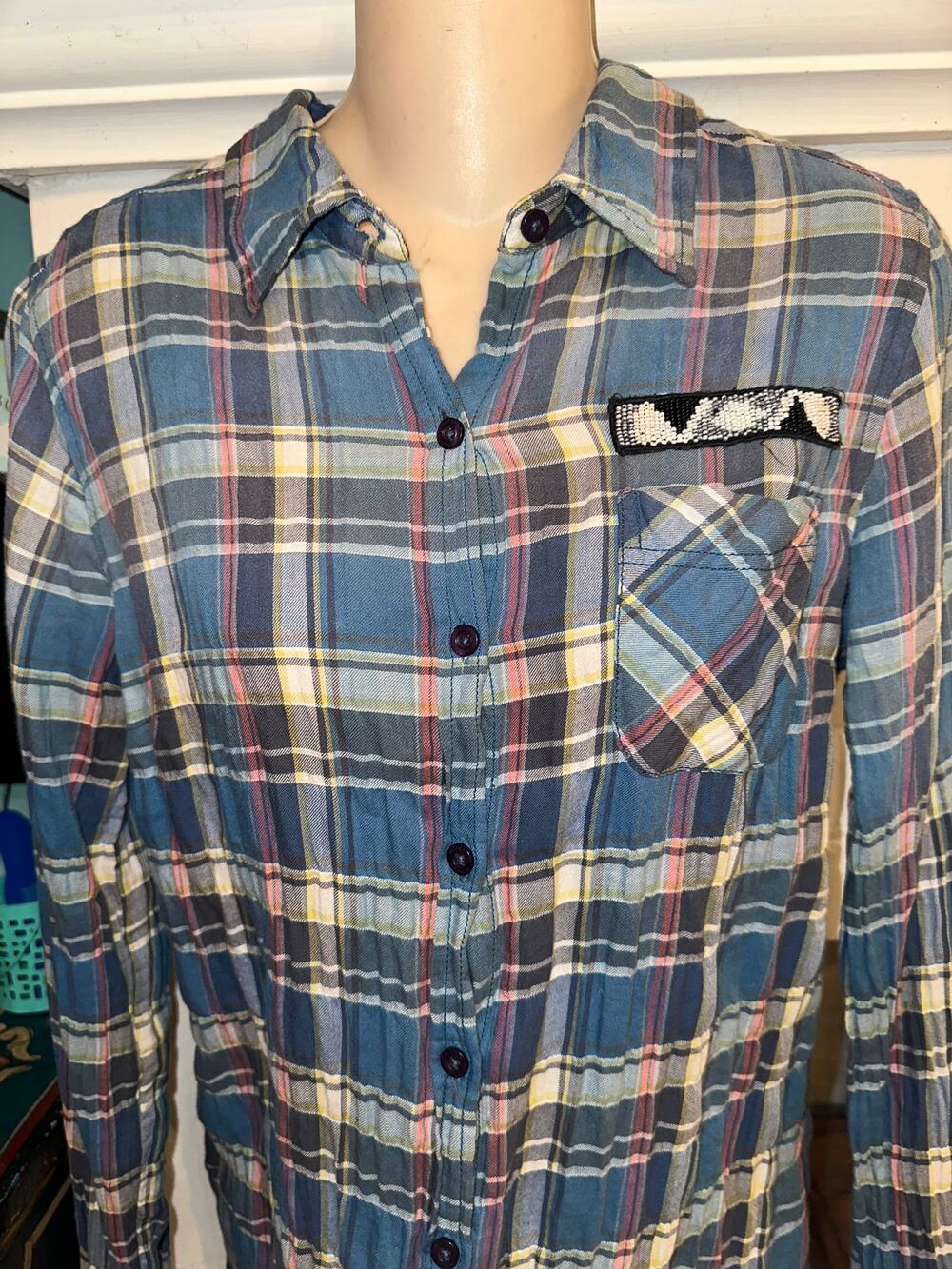 MAISON SCOTCH COTTON PLAID BUTTONDOWN SHIRT BEADED POCKET